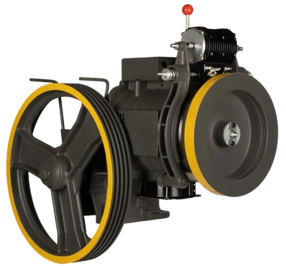 Milano Plus elevator motor, three-quarter view with dark housing and spoked traction sheave