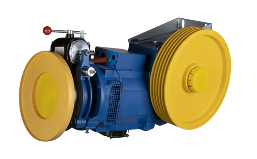 ML5 elevator motor, three-quarter view with blue housing and yellow traction sheave
